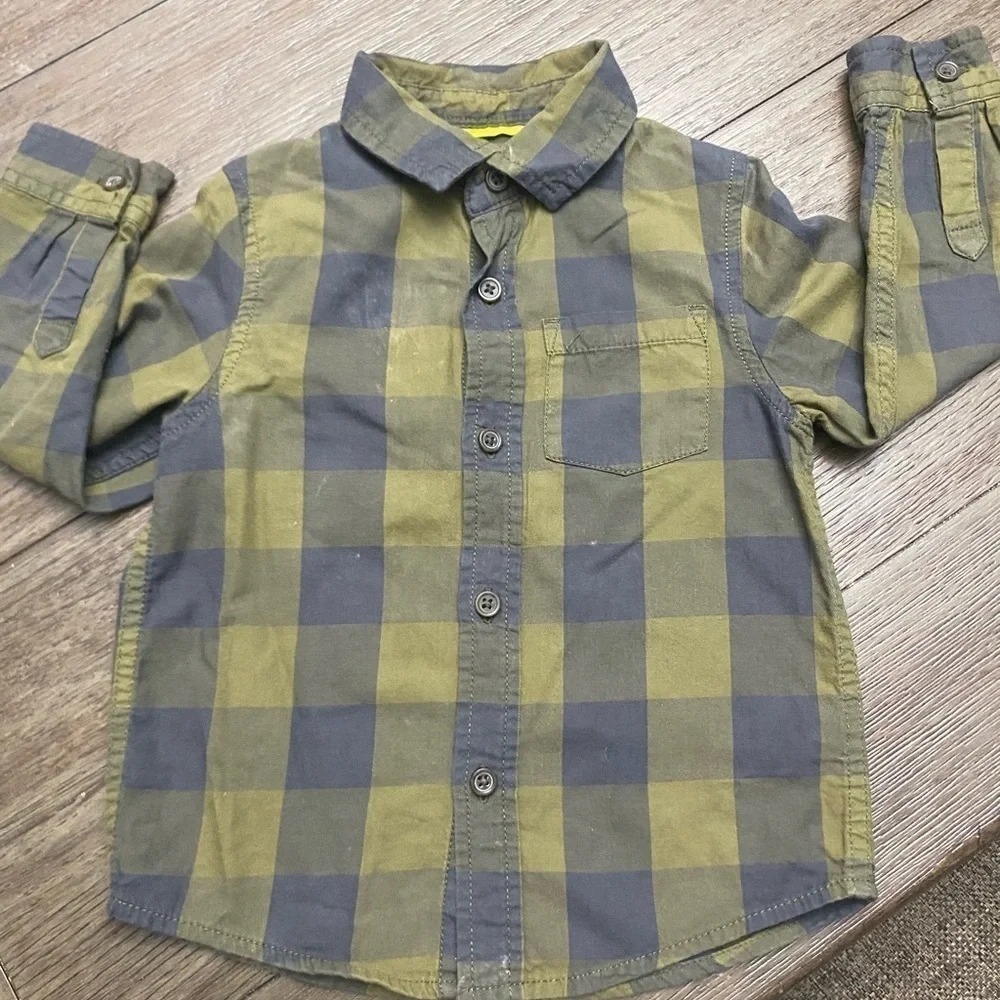 Old Navy 3T boys button up plaid yellow/green long sleeve shirt